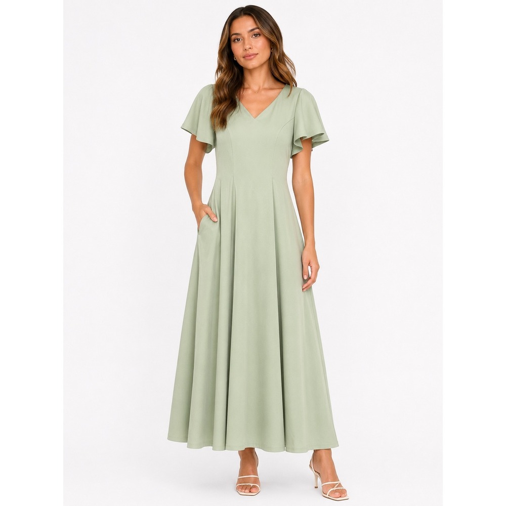 Homrain Flutter Sleeve Midi Dress Womens Small Sage Green Fit and Flare Wedding